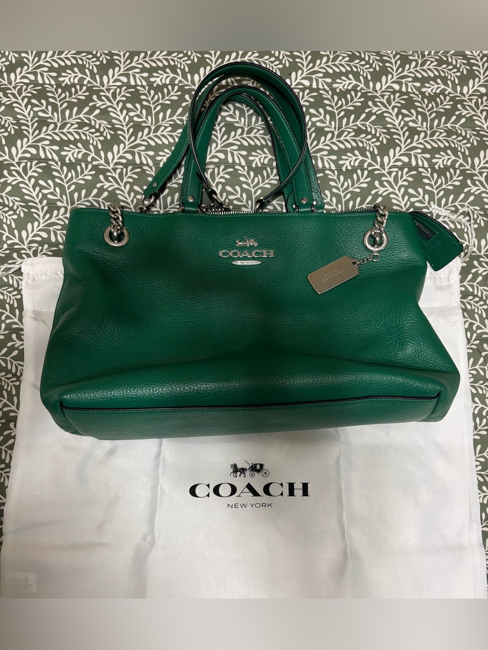 Coach Unique Green Pebbled Leather Tote with Chain Accents
